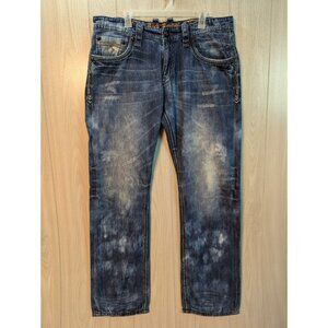 Rock Revival Blue Jeans Relaxed Straight Flann Mens Sz 38 Distressed Dark